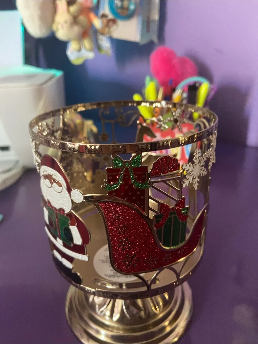Festive Gold Metal Holiday Candle Holder with Green Tree and Red Accents